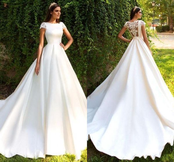 new elegant lace satin wedding dresses a line bateau neck sheer back appliqued cap sleeves plus size bridal gowns, White 
new elegant lace satin wedding dresses a line bateau neck sheer back appliqued cap sleeves plus size bridal gowns, White