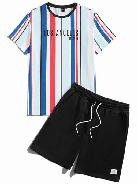 men block striped & letter graphic tee & drawstring waist shorts f0ld#, Gray