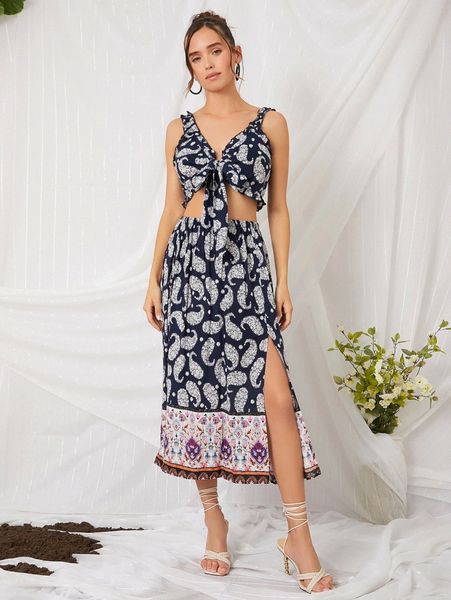 paisley print knot front crop & split thigh skirt i1e8#, White