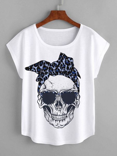 skeleton print batwing sleeve curved hem tee 69cx#, White