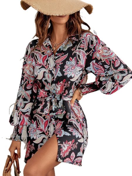 random floral & paisley print bishop sleeve belted shirt dress c705#, Black;gray
random floral & paisley print bishop sleeve belted shirt dress c705#, Black;gray