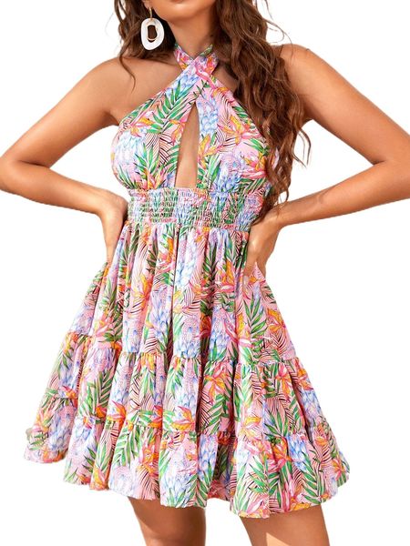 tropical print shirred waist halter neck backless ruffle hem dress q0e0#, Black;gray
tropical print shirred waist halter neck backless ruffle hem dress q0e0#, Black;gray