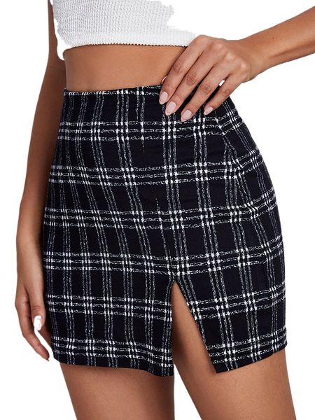high waist plaid slit skirt 37hi#, Black
high waist plaid slit skirt 37hi#, Black