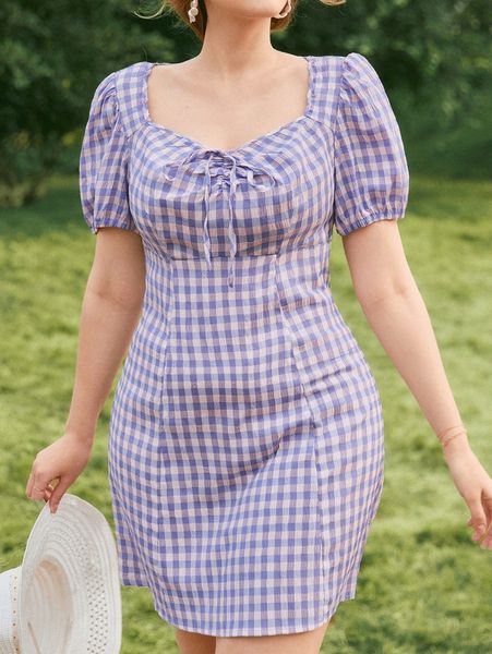 plus sweetheart gingham print tie front puff sleeve dress b8qf#, Black
