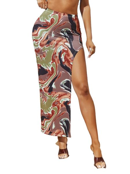 sxy high waist marble print split thigh skirt 62hl#, Black