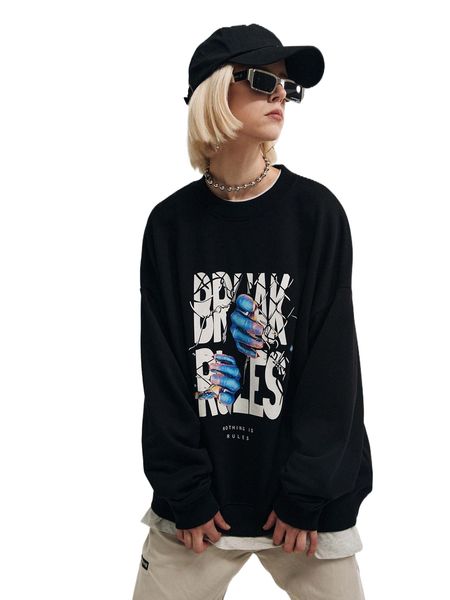 drop shoulder letter & hand print pullover a84c#, Black