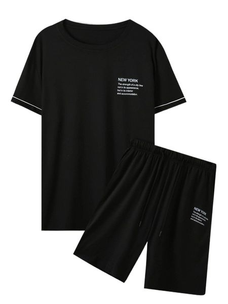 men slogan graphic contrast tape tee & drawstring waist shorts 48lv#, Gray 
men slogan graphic contrast tape tee & drawstring waist shorts 48lv#, Gray