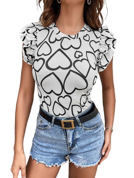 heart print butterfly sleeve tee p4bw#, White
heart print butterfly sleeve tee p4bw#, White