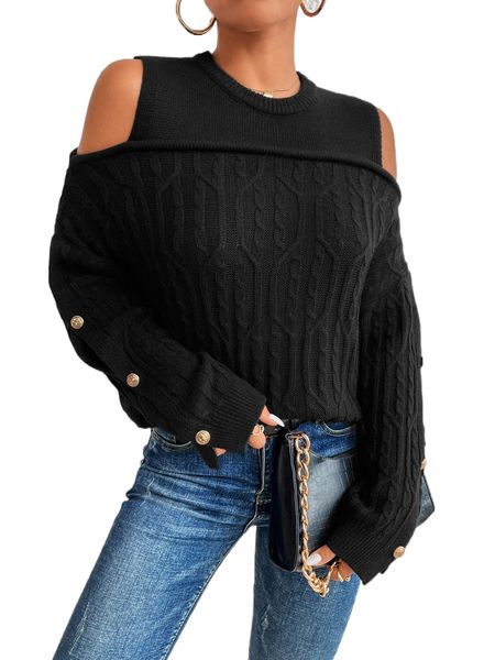 cold shoulder button detail sweater j5lm#, White;black 
cold shoulder button detail sweater j5lm#, White;black