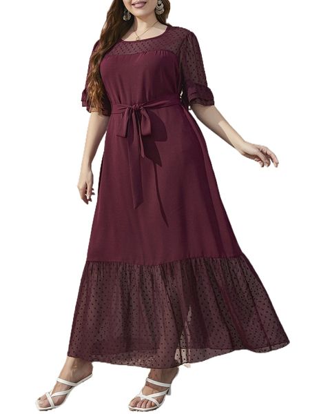 plus contrast swiss dot mesh flounce sleeve ruffle hem belted dress 54p3#, Black
plus contrast swiss dot mesh flounce sleeve ruffle hem belted dress 54p3#, Black