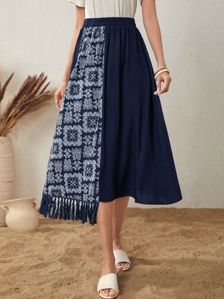 paisley print colorblock panel fringe trim skirt h10r#, Black 
paisley print colorblock panel fringe trim skirt h10r#, Black