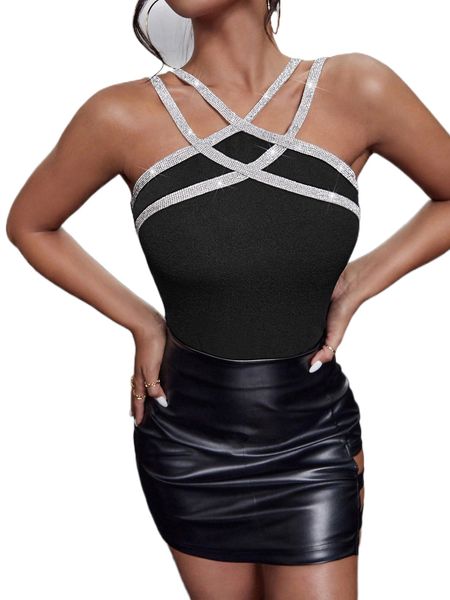 rhinestone detail strappy bodysuit t6ml#, White
rhinestone detail strappy bodysuit t6ml#, White