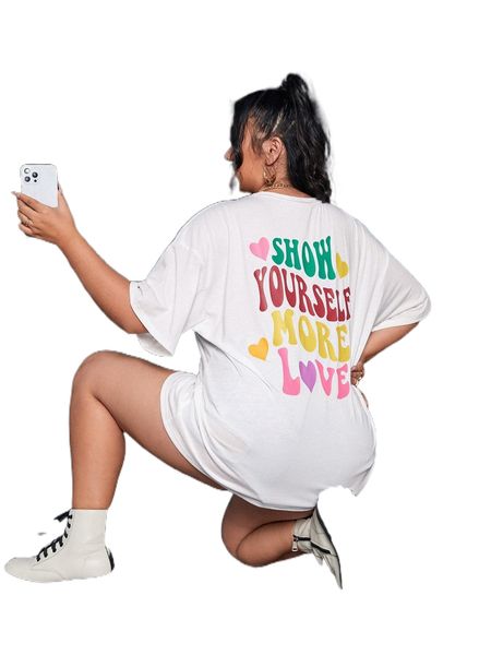 plus slogan & heart drop shoulder oversized tee 40r5#, Black