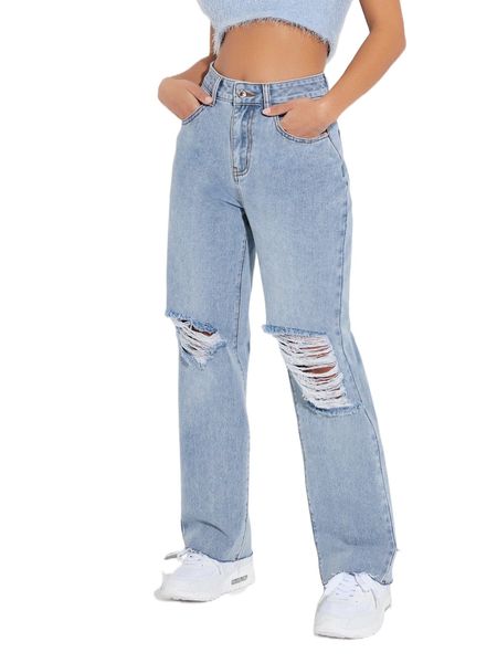 petite high waist ripped straight leg jeans v5ee#, Blue