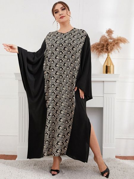 plus floral print batwing sleeve split hem dress n1ks#, Black