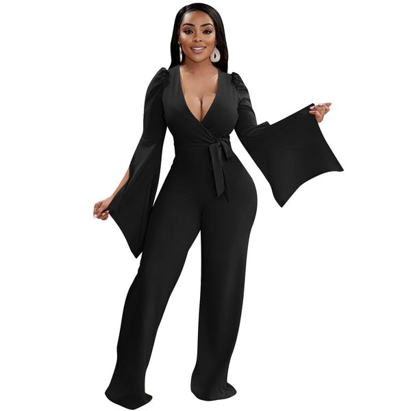 women's jumpsuits solid color deep v strap wide sleeve pant romper, Black;white 
women's jumpsuits solid color deep v strap wide sleeve pant romper, Black;white
