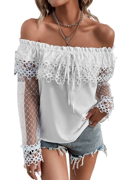 off shoulder contrast guipure lace ruffle trim tie front blouse g6us#, White 
off shoulder contrast guipure lace ruffle trim tie front blouse g6us#, White