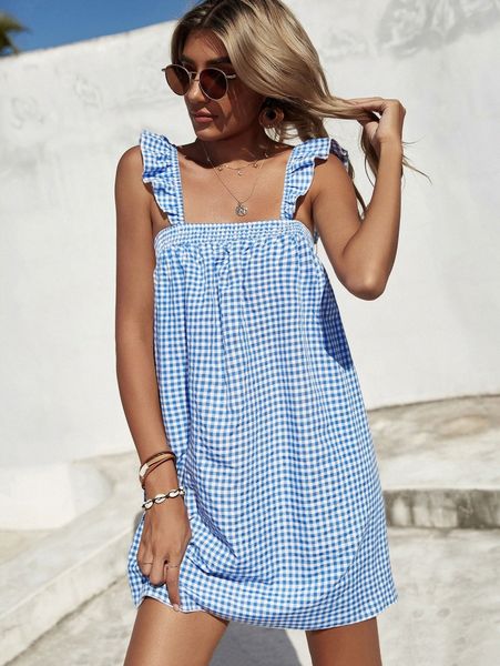 gingham shirred ruffle trim dress 12vv#, Black;gray