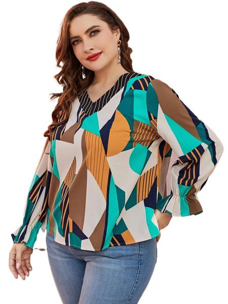 plus geo print flounce sleeve blouse 91lw#, Black 
plus geo print flounce sleeve blouse 91lw#, Black