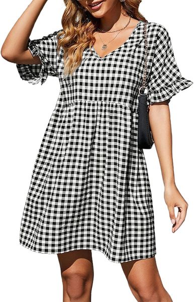 womens short sleeve dress v neck loose summer plaid dress with pockets 71bg#, Black;gray
womens short sleeve dress v neck loose summer plaid dress with pockets 71bg#, Black;gray