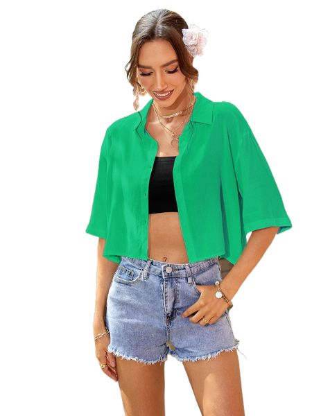 button front crop blouse a5uk#, White