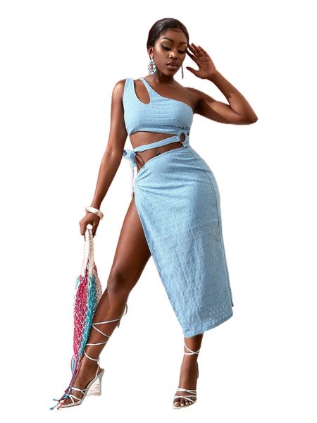 sxy solid one shoulder cut out split thigh dress 79jc#, Black;gray