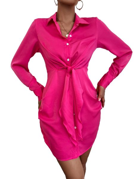 solid button up tie front dress w641#, Black;gray