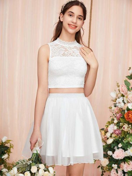 teen girls crop mesh tank & skirt she, White