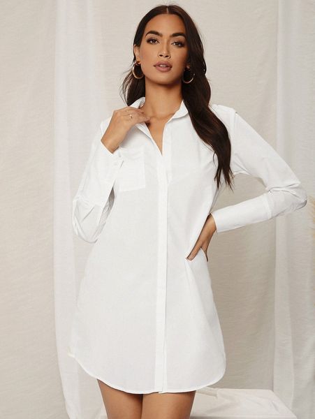 sxy pocket front curved hem shirt dress n5hi#, Black;gray