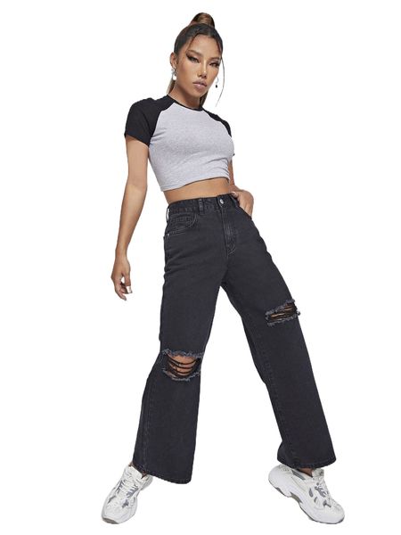 zipper fly ripped wide leg jeans j6vt#, Blue