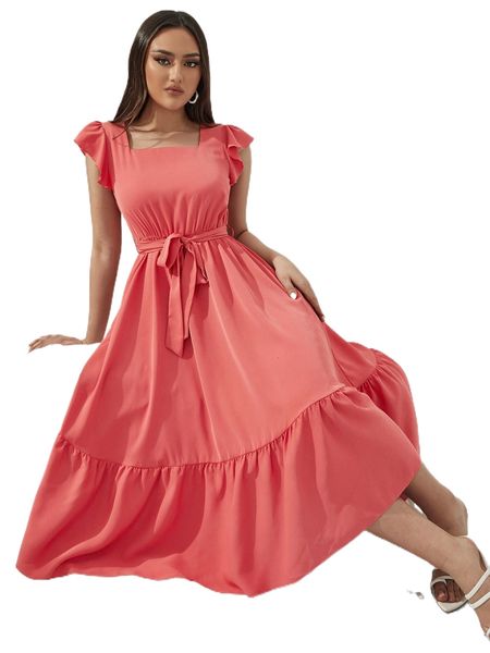 tie backless ruffle hem belted dress h40a#, Black;gray