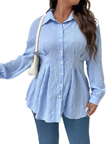plus drop shoulder fold pleated shirt c9cy#, Black
