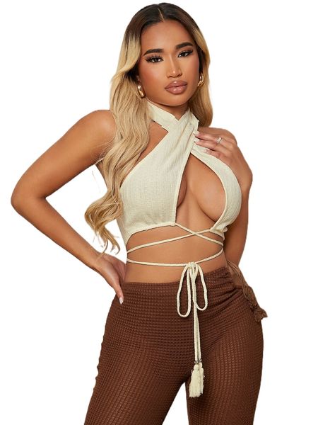 sxy crisscross tassel tie front halter p1xn#, White
sxy crisscross tassel tie front halter p1xn#, White