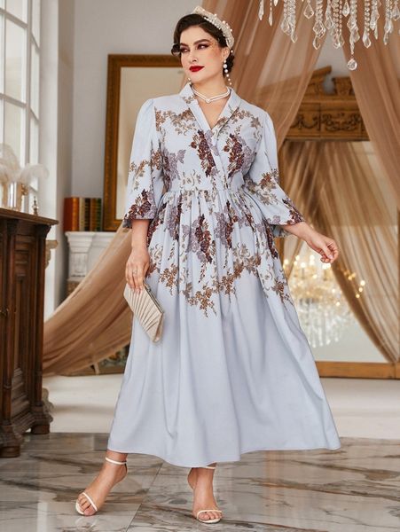 plus random floral print overlap collar dress u9zk#, Black