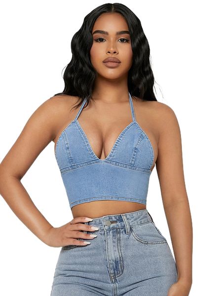 petite zip back denim halter d5pf#, White 
petite zip back denim halter d5pf#, White