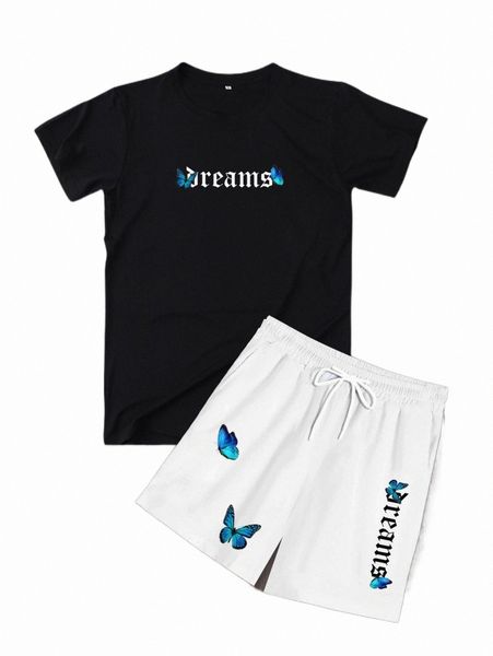men butterfly & letter graphic tee & shorts t0d1#, Gray
men butterfly & letter graphic tee & shorts t0d1#, Gray