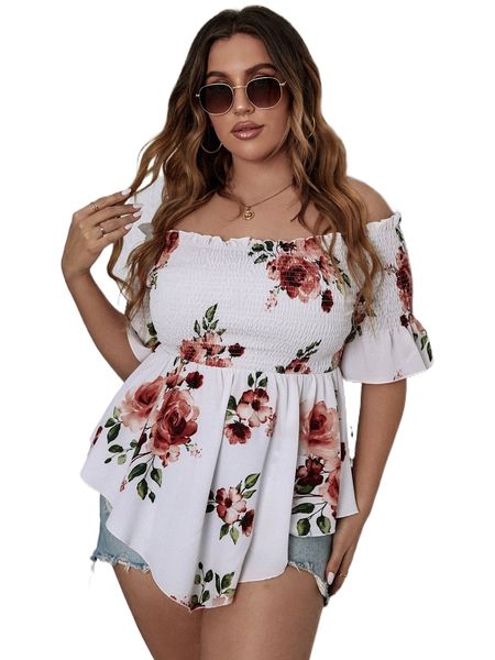 plus floral print off shoulder shirred flounce sleeve peplum chiffon blouse 72me#, Black
plus floral print off shoulder shirred flounce sleeve peplum chiffon blouse 72me#, Black