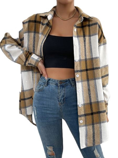 plaid button front drop shoulder coat u0bj#, Black 
plaid button front drop shoulder coat u0bj#, Black