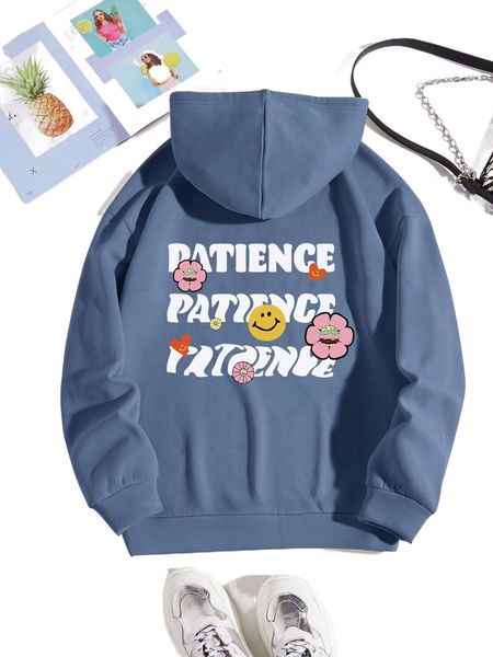 letter & expression print drawstring thermal hoodie a2pq#, Black