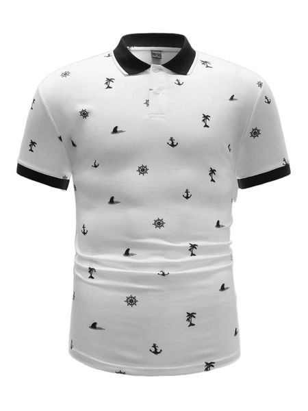 men rudder & anchor print contrast collar polo shirt z4r9#, White;black