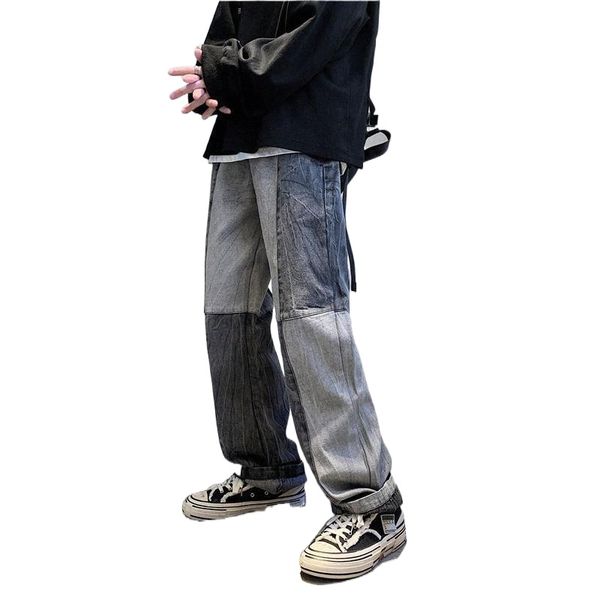 men's jeans korean style stitching men fashion loose casual ripped harajuku streetwear hip-hop straight wide-leg h5oa#, Blue 
men's jeans korean style stitching men fashion loose casual ripped harajuku streetwear hip-hop straight wide-leg h5oa#, Blue