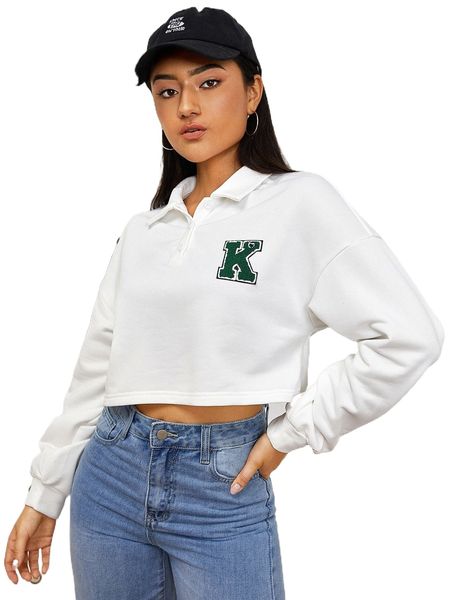 letter patched detail drop shoulder crop sweatshirt j672#, Black