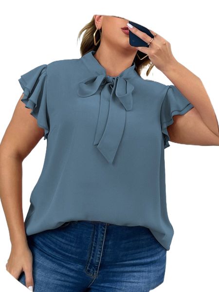 plus tie neck layered sleeve blouse v11c#, Black