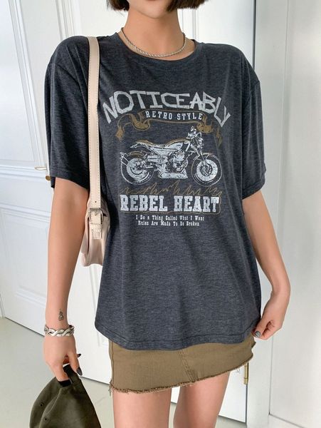 dazy motorcycle & letter graphic drop shoulder tee i7b6#, White