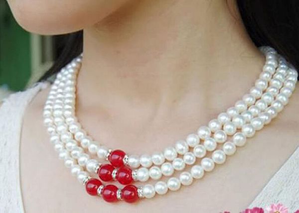 3 row genuine 7-8mm natural white pearl akoya cultured pearl and ruby beaded necklace, Silver
3 row genuine 7-8mm natural white pearl akoya cultured pearl and ruby beaded necklace, Silver