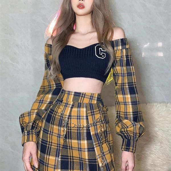 sylcue youth ing contrast color plaid beautiful wild oneline collar longsleeved short with aline skirt 2 twopiece 220725, White
sylcue youth ing contrast color plaid beautiful wild oneline collar longsleeved short with aline skirt 2 twopiece 220725, White