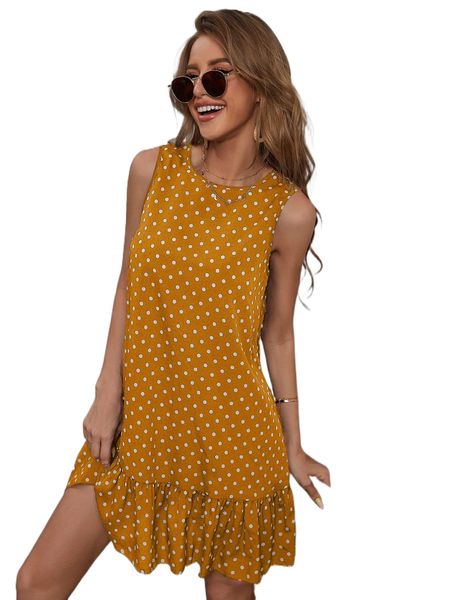 polka dot ruffle hem dress 38me#, Black;gray
