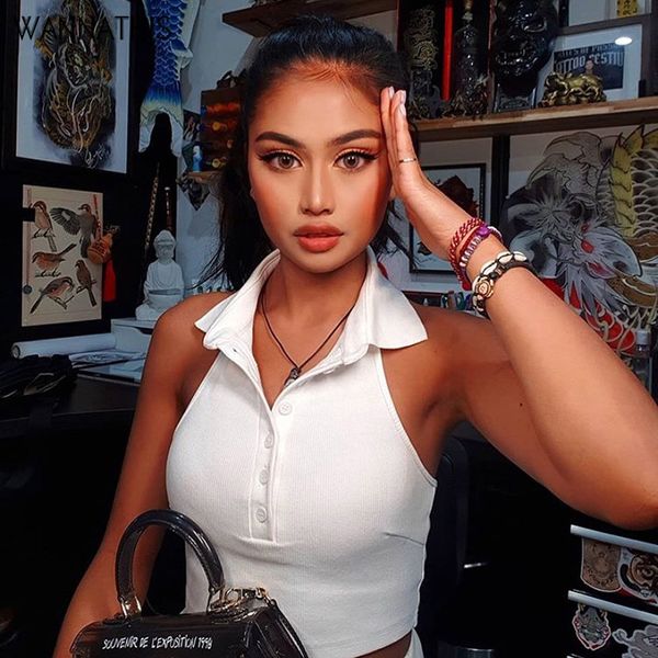 halter turn-down collar crop sleeveless button skinny elastic tank women summer vacation solid color, White
halter turn-down collar crop sleeveless button skinny elastic tank women summer vacation solid color, White