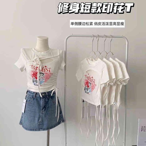 women's t-shirt wahjuis meow design short sleeved t-shirt women's summer drawstring hollowed out open navel x9k9, White
women's t-shirt wahjuis meow design short sleeved t-shirt women's summer drawstring hollowed out open navel x9k9, White