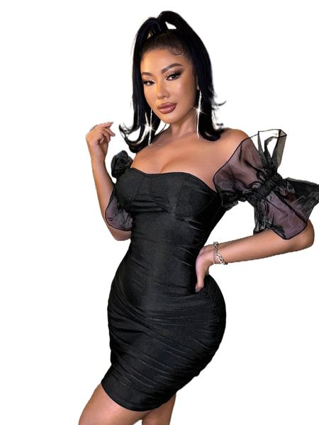 sxy off shoulder contrast mesh flounce sleeve bustier ruched bodycon dress k2wx#, Black;gray
sxy off shoulder contrast mesh flounce sleeve bustier ruched bodycon dress k2wx#, Black;gray
